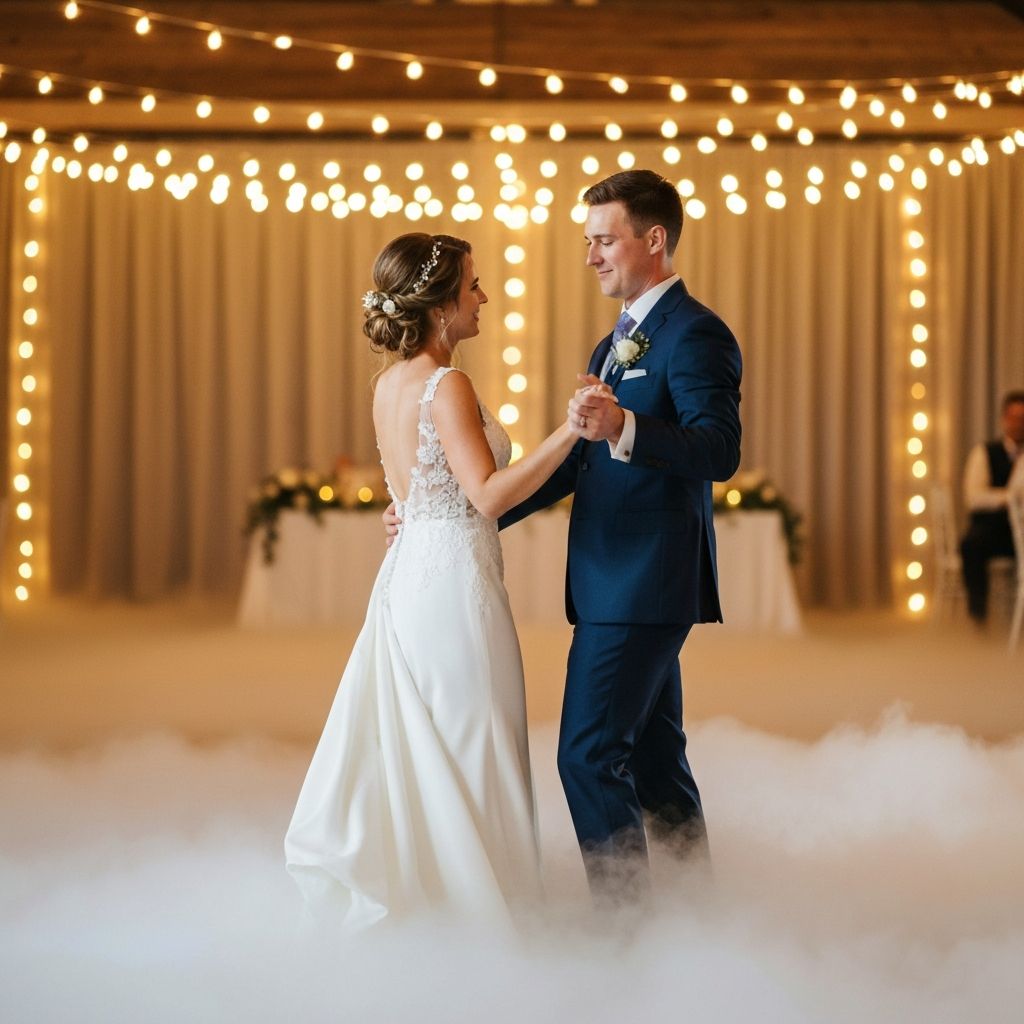 Wedding couple dancing on clouds with low lying fog machine effect - Hull wedding fog hire