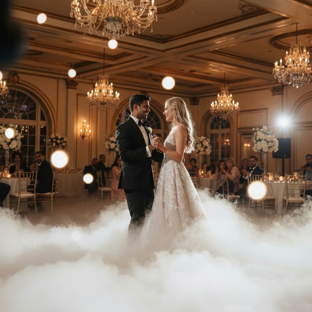 Professional wedding fog machine hire - couple dancing on clouds during first dance at East Yorkshire wedding