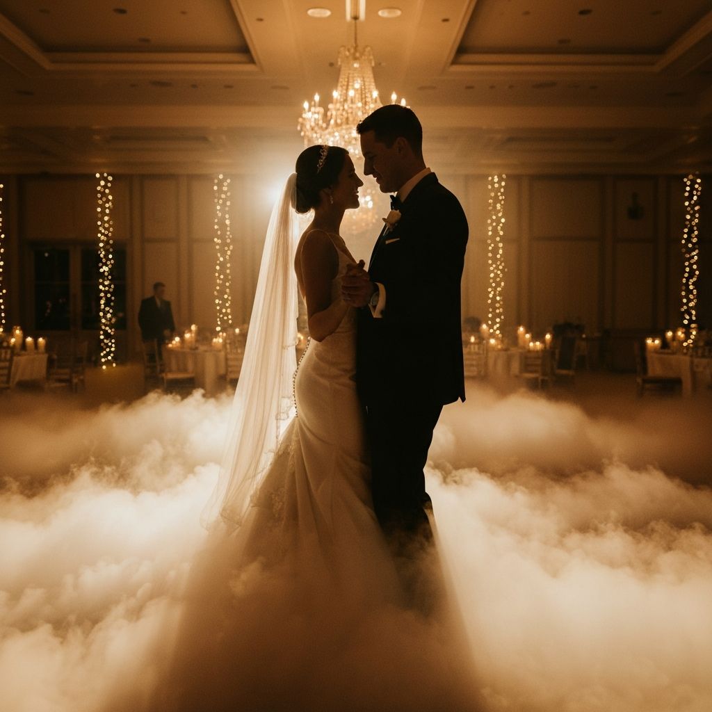 Wedding first dance with low lying fog machine effect - couple dancing on clouds at Hull wedding venue